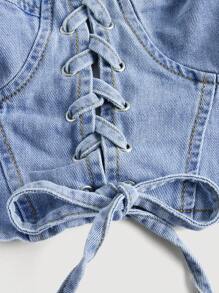 SHEIN Plus Lace Up Front Cold Shoulder Denim Top - Light Wash - View 3