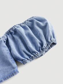 SHEIN Plus Lace Up Front Cold Shoulder Denim Top - Light Wash - View 4