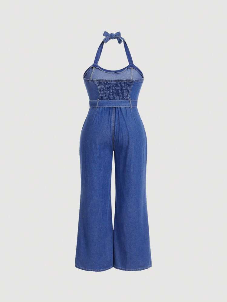 Plus Belted Flare Leg Denim Jumpsuit