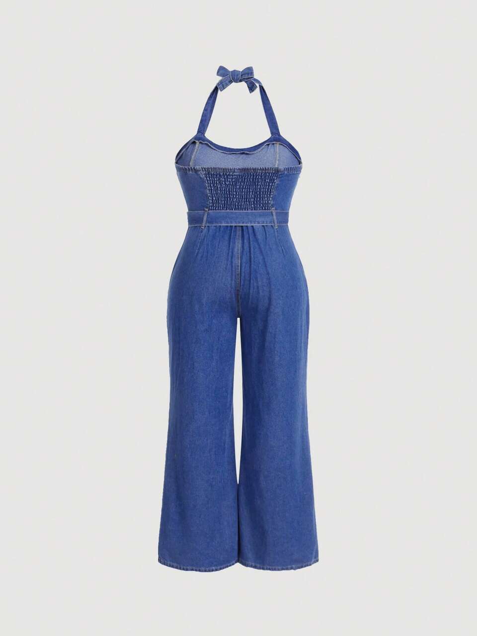 Plus Belted Flare Leg Denim Jumpsuit