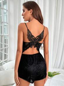 Mono de tirantes con mariposa aplique con encaje - Negro - Ver 1