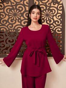 Mulvari Top sólido con cinturón y pantalones anchos - Rojo - Ver 3