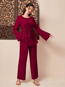 Mulvari Top sólido con cinturón y pantalones anchos - Rojo - Ver 4