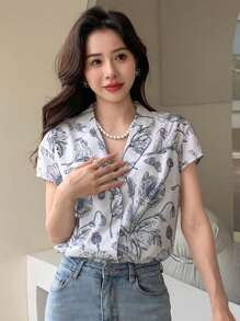 DAZY In hoa Cổ áo Áo sơ mi - Xám - Xem 1