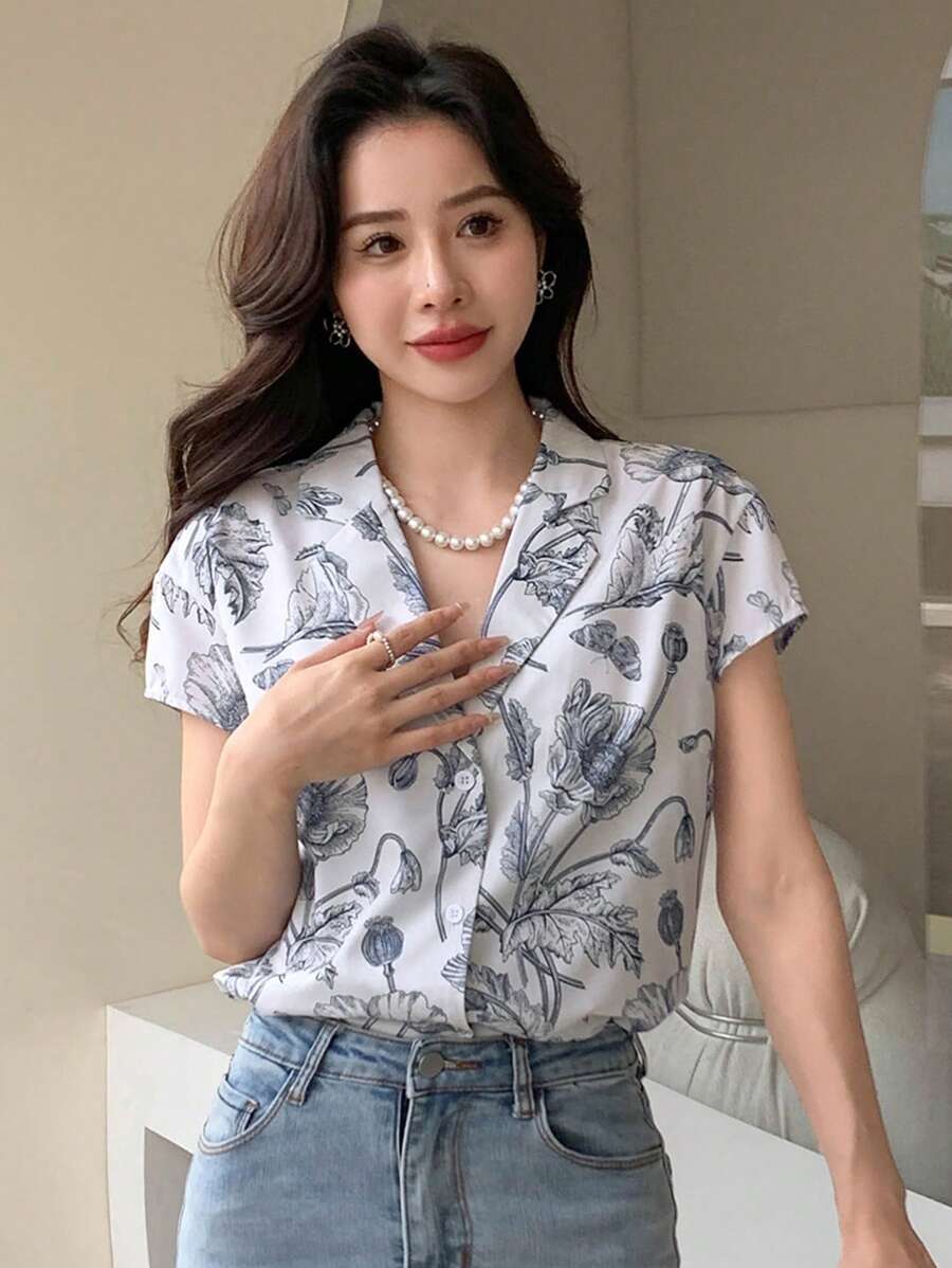 DAZY In hoa Cổ áo Áo sơ mi - Xám - Xem 1