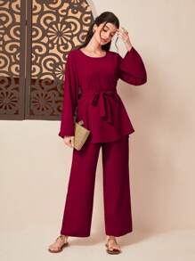 Mulvari Top sólido con cinturón y pantalones anchos - Rojo - Ver 5