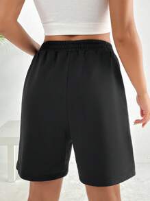 SHEIN EZwear 腰部抽繩斜口袋短褲 - 黑色 - 查看 2