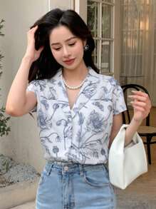 DAZY In hoa Cổ áo Áo sơ mi - Xám - Xem 2