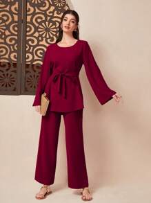 Mulvari Top sólido con cinturón y pantalones anchos - Rojo - Ver 6