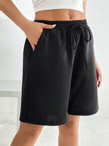 SHEIN EZwear 腰部抽繩斜口袋短褲 - 黑色 - 查看 3