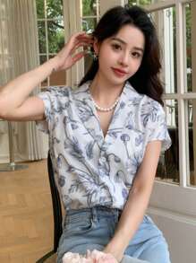 DAZY In hoa Cổ áo Áo sơ mi - Xám - Xem 3