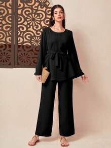 Mulvari Solid Belted Top & Wide Leg Trousers - Black - View 1