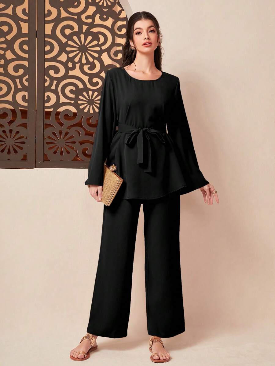 Mulvari Solid Belted Top & Wide Leg Trousers - Black - View 1
