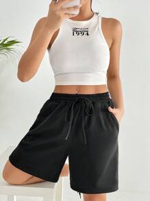 SHEIN EZwear 腰部抽繩斜口袋短褲 - 黑色 - 查看 5
