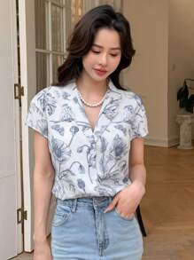 DAZY In hoa Cổ áo Áo sơ mi - Xám - Xem 4