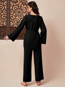 Mulvari Solid Belted Top & Wide Leg Trousers - Black - View 2