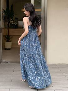 DAZY 碎花前打結吊帶連衣裙 - 藍色 - 查看 2