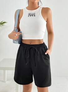 SHEIN EZwear 腰部抽繩斜口袋短褲 - 黑色 - 查看 6