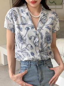 DAZY In hoa Cổ áo Áo sơ mi - Xám - Xem 5