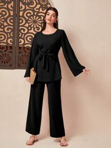 Mulvari Solid Belted Top & Wide Leg Trousers - Black - View 4