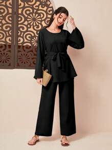 Mulvari Solid Belted Top & Wide Leg Trousers - Black - View 5