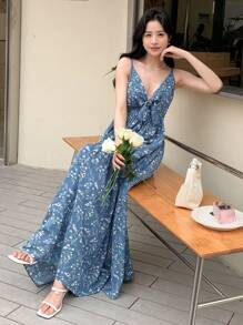 DAZY 碎花前打結吊帶連衣裙 - 藍色 - 查看 4