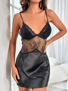 Snug Zone Camisón de pijama de satén con encaje en contraste - Negro - Ver 4