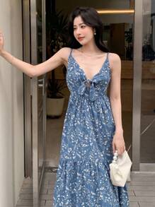 DAZY 碎花前打結吊帶連衣裙 - 藍色 - 查看 5