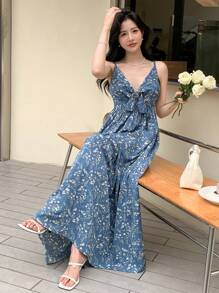 DAZY 碎花前打結吊帶連衣裙 - 藍色 - 查看 6