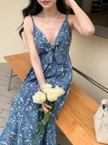 DAZY 碎花前打結吊帶連衣裙 - 藍色 - 查看 7