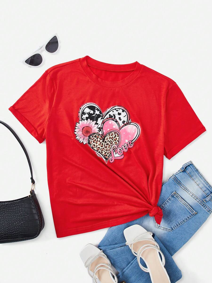 SHEIN LUNE 心和印花T恤 - 紅色 - 查看 1