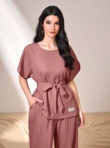 Mulvari 字母补丁腰带上衣和阔腿裤 - 紅木色 - 查看 6