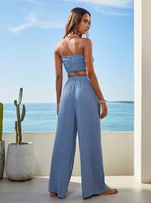 SHEIN VCAY Solid Tube Top & Wide Leg Pants Vacation Outfits Women Two Piece Vacation Set - Blue - View 2