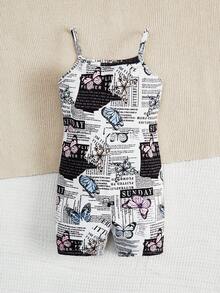SHEIN Jumpsuit bé gái Slogan Loại bướm Giải trí - Nhiều màu - Xem 2