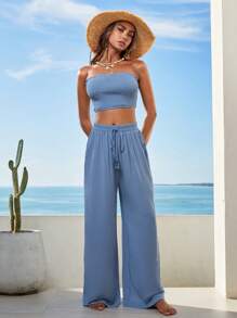 SHEIN VCAY Solid Tube Top & Wide Leg Pants Vacation Outfits Women Two Piece Vacation Set - Blue - View 5