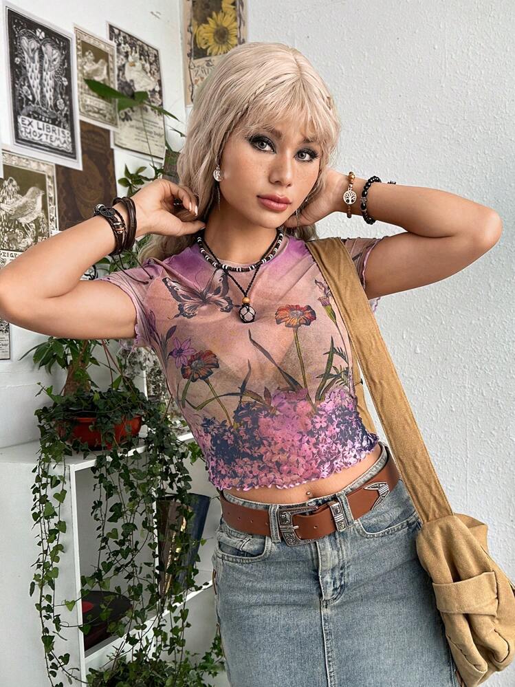 ROMWE PUNK เสื้อท็อป กรันจ์ พิมพ์ลาย ดอกไม้ & ผีเสื้อ ขอบหยัก ตาข่าย ไม่มีเสื้อชั้นใน - มัลติคัลเลอร์ - ดู 6