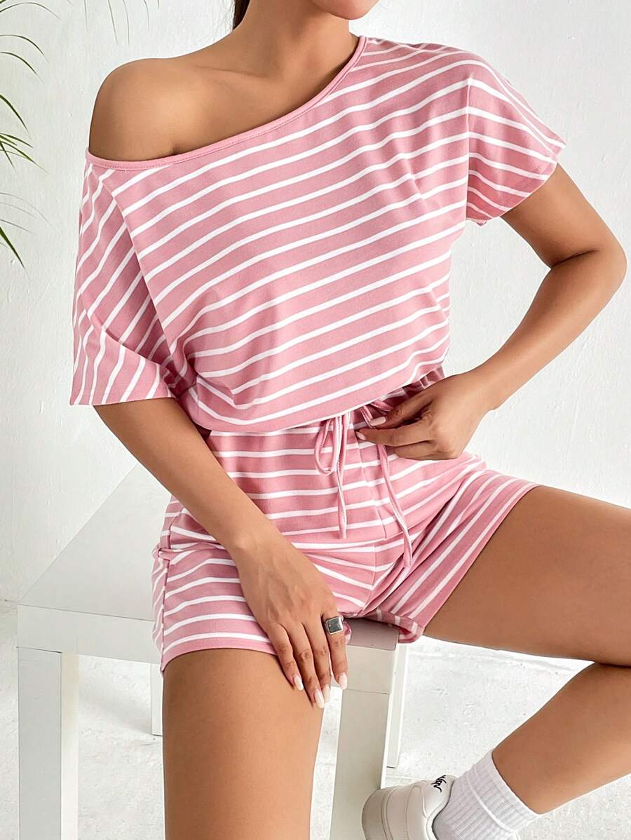 SHEIN LUNE 條紋印花蝙蝠袖前打結連身短褲 - 粉色 - 查看 1