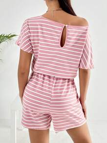 SHEIN LUNE 條紋印花蝙蝠袖前打結連身短褲 - 粉色 - 查看 2