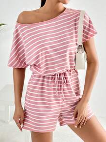 SHEIN LUNE 條紋印花蝙蝠袖前打結連身短褲 - 粉色 - 查看 4
