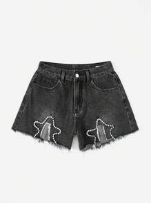 ROMWE Grunge Punk 星星補丁貼毛邊牛仔短褲 - 深灰色 - 查看 4