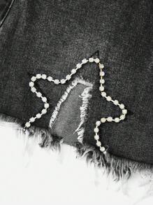 ROMWE Grunge Punk 星星補丁貼毛邊牛仔短褲 - 深灰色 - 查看 3