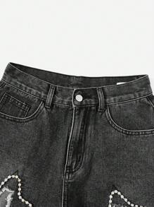 ROMWE Grunge Punk 星星補丁貼毛邊牛仔短褲 - 深灰色 - 查看 5