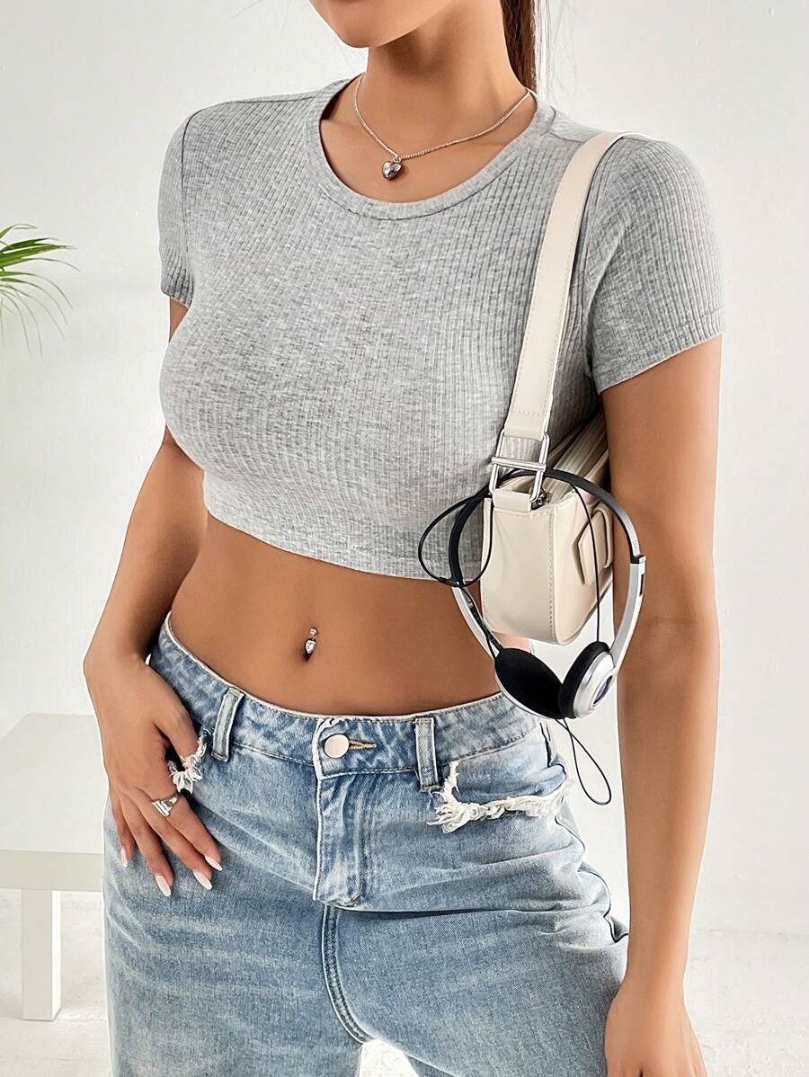 SHEIN EZwear Ribbed Knit Crop Tee - Grey - View 1