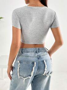 SHEIN EZwear Ribbed Knit Crop Tee - Grey - View 2