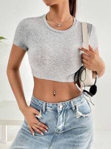 SHEIN EZwear Ribbed Knit Crop Tee - Grey - View 5