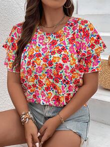 SHEIN LUNE Plus Allover Floral Print Butterfly Sleeve Blouse - Multicolor - View 3