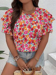 SHEIN LUNE Plus Allover Floral Print Butterfly Sleeve Blouse - Multicolor - View 4