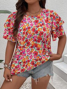 SHEIN LUNE Plus Allover Floral Print Butterfly Sleeve Blouse - Multicolor - View 5