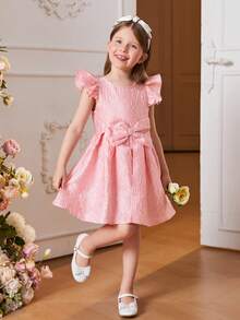 SHEIN 女童粉色提花緞面梭織花卉荷葉袖洋裝帶蝴蝶結裝飾和A字形下擺 - 珊瑚粉 - 查看 5