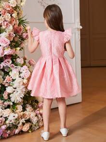 SHEIN 女童粉色提花緞面梭織花卉荷葉袖洋裝帶蝴蝶結裝飾和A字形下擺 - 珊瑚粉 - 查看 2